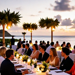 Caribbean Holidays, August Weddings, Happy wedding guests dining at a relaxed seaside reception in St Croix, United States Virgin Islands, lanterns, tropical greenery and sunset sky