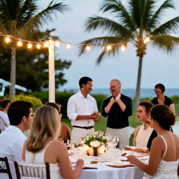 Caribbean Holidays, August Weddings, Happy wedding guests dining outdoors under lights at a relaxed Caribbean reception in Turks and Caicos
