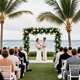 Caribbean Holidays, August Weddings, Happy wedding guests enjoying a relaxed outdoor reception with tropical greenery and the sea in the background