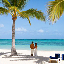 Caribbean Holidays, August Weddings, Newly married couple exploring a palm-lined Dominican Republic beach, bright turquoise water and relaxed tropical atmosphere