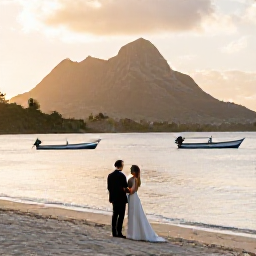 Caribbean Holidays, August Weddings, Newlywed couple exploring a Martinique beach at sunset, with fishing boats, volcanic hills and warm Caribbean light