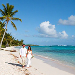 Caribbean Holidays, August Weddings, Newlywed couple walking along a quiet Bahamian beach after their wedding, with clear water and palm trees