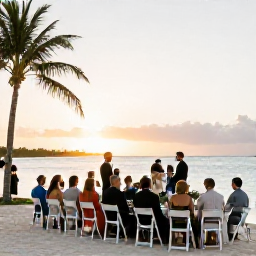 Caribbean Holidays, August Weddings, Newlyweds and guests enjoying a sunset wedding reception beside the sea in Turks and Caicos