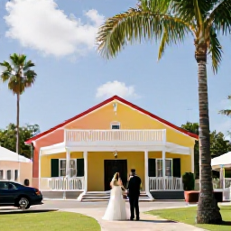 Caribbean Holidays, August Weddings, Newlyweds exploring Bridgetown, Barbados, with colourful buildings, palm trees and bright Caribbean sunshine