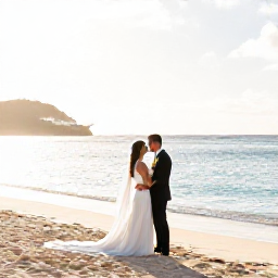 Caribbean Holidays, August Weddings, Newlyweds standing beside a beautiful Caribbean beach in Saint Barth&eacute;lemy in warm August sunshine