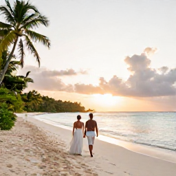 Caribbean Holidays, August Weddings, Newlyweds walking along a bright sandy beach in Tobago at sunset, with calm turquoise sea and tropical palms