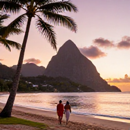 Caribbean Holidays, August Weddings, Newlyweds walking along a palm-fringed beach in Saint Lucia at sunset, with the Pitons in the distance
