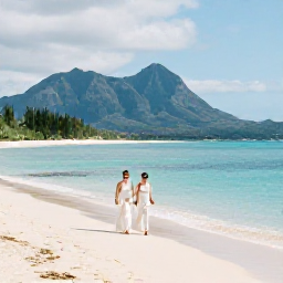 Caribbean Holidays, August Weddings, Newlyweds walking along a quiet Montserrat beach after their August wedding, with calm turquoise water and volcanic mountains in the distance