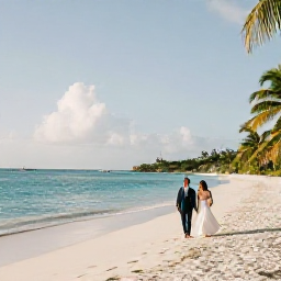 Caribbean Holidays, August Weddings, Newlyweds walking along a quiet white-sand beach in St Thomas, United States Virgin Islands, warm August afternoon, turquoise sea and gentle palm trees