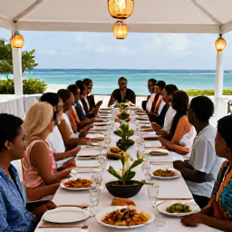 Caribbean Holidays, August Weddings, Outdoor wedding reception in Martinique with guests dining at long tables, Creole dishes, lanterns and a view of the Caribbean Sea