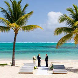 Caribbean Holidays, August Weddings, Romantic beach wedding ceremony on a quiet Saint Kitts shoreline with palms and turquoise water