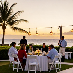Caribbean Holidays, August Weddings, Tropical Caribbean wedding reception at sunset, with decorated tables, lanterns, flowers and guests enjoying an open-air celebration near the sea