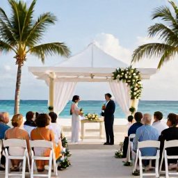 Caribbean Holidays, August Weddings, Tropical Dominican Republic wedding ceremony under a simple white beach gazebo, guests seated in the shade