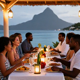 Caribbean Holidays, August Weddings, Wedding guests enjoying a relaxed Caribbean dinner on Montserrat, with local seafood, tropical fruit and soft evening lanterns