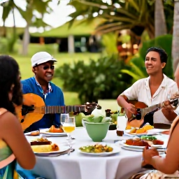 Caribbean Holidays, August Weddings, Wedding guests enjoying a relaxed Caribbean reception with local food and music in a tropical garden