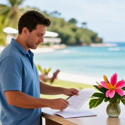 Caribbean Holidays, August Weddings, Wedding planner arranging tropical flowers and documents at a Saint Lucia resort, with a calm organised atmosphere