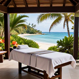 Caribbean Holidays, August Wellness, A Caribbean wellness resort with an open-air spa treatment area surrounded by tropical greenery, candles and views of the sea