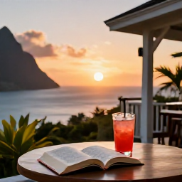 Caribbean Holidays, August Wellness, A comfortable Saint Lucia resort terrace overlooking the Caribbean at sunset, with a book, cold drink and tropical plants