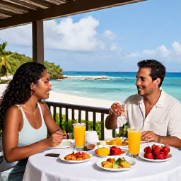 Caribbean Holidays, August Wellness, A couple enjoying a healthy Caribbean breakfast on a shaded terrace overlooking the sea, with tropical fruit and fresh juice on the table