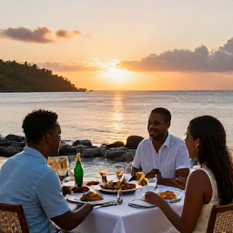 Caribbean Holidays, August Wellness, A peaceful sunset dinner beside the sea in Saint Kitts and Nevis, with local dishes, gentle evening light and a relaxed outdoor setting