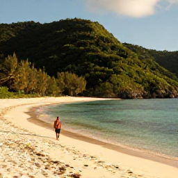 Caribbean Holidays, August Wellness, A quiet Caribbean cove with calm clear water, lush green hills and a lone traveller walking along the shoreline in warm August sunlight