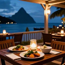 Caribbean Holidays, August Wellness, A relaxed Saint Lucia evening at a waterside restaurant, with healthy Caribbean food, gentle lantern light and views across the sea