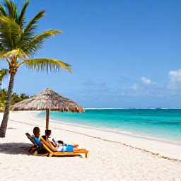 Caribbean Holidays, August Wellness, A tranquil Caribbean beach in August with turquoise water, soft white sand, palm trees and a couple relaxing under a shaded umbrella