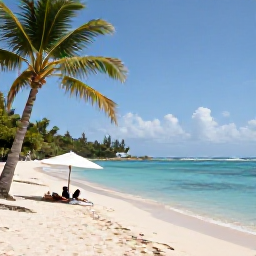 Caribbean Holidays, August Wellness, A tranquil Caribbean beach on Saint Kitts in August, with calm turquoise water, soft sand, palm trees and a person relaxing beneath a sunshade