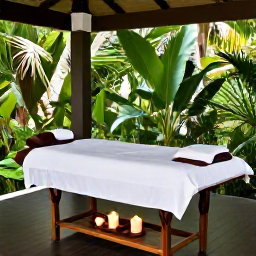Caribbean Holidays, August Wellness, An open-air Saint Lucia wellness treatment surrounded by tropical greenery, with a massage table, candles and natural wooden details
