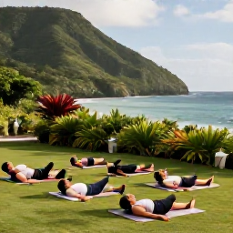 Caribbean Holidays, August Wellness, An open-air yoga session overlooking the sea on Nevis in August, with green hills, tropical plants and a small group of people stretching on mats