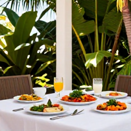 Caribbean Holidays, August Wellness, Bermuda garden with a shaded table, fresh local lunch, tropical plants and relaxed outdoor dining in August