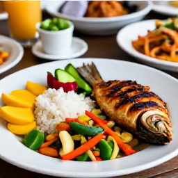 Caribbean Holidays, August Wellness, Colourful healthy Dominican Republic lunch with fresh tropical fruit, grilled fish, rice and vegetables at an outdoor restaurant