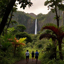 Caribbean Holidays, August Wellness, Hikers walking through lush rainforest towards a waterfall on Saint Vincent, tropical plants, volcanic landscape and soft August light