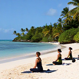 Caribbean Holidays, August Wellness, Outdoor yoga session on a quiet Dominican Republic beach, with mats facing the sea and lush tropical vegetation behind