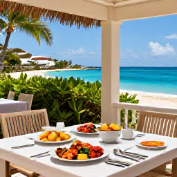 Caribbean Holidays, August Wellness, Peaceful beachside lunch in Saint Martin with fresh seafood, tropical fruit, shaded tables and a view of the Caribbean Sea