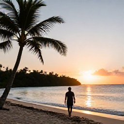 Caribbean Holidays, August Wellness, Peaceful Dominican Republic coastal landscape at sunset with a relaxed traveller walking beside the water