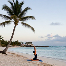 Caribbean Holidays, August Wellness, Person doing gentle yoga on a quiet Caribbean beach in Sint Maarten at dawn, palm trees and calm sea