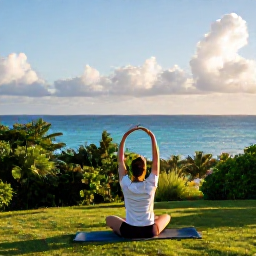 Caribbean Holidays, August Wellness, Person enjoying a peaceful yoga session overlooking Bermuda coastline, tropical greenery, blue sea and soft summer sunshine