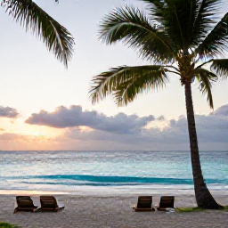 Caribbean Holidays, August Wellness, Quiet Dominican Republic beach at sunrise with palm trees, calm turquoise water and a peaceful wellness atmosphere