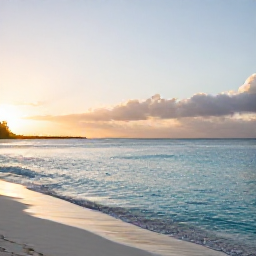 Caribbean Holidays, August Wellness, Quiet pink-sand beach in Bermuda at sunrise, calm turquoise water, soft morning light, peaceful wellness holiday atmosphere