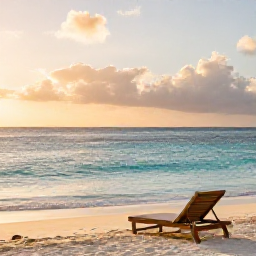 Caribbean Holidays, August Wellness, Quiet tropical beach in Tobago at sunrise, calm turquoise sea, soft golden light and a comfortable shaded lounger