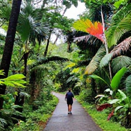 Caribbean Holidays, August Wellness, Scenic rainforest trail in Tobago with a visitor walking beneath lush tropical trees after a light shower