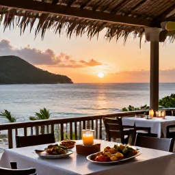 Caribbean Holidays, August Wellness, Small Caribbean beach restaurant at sunset in Saint Vincent and the Grenadines, relaxed tables, local food and island views