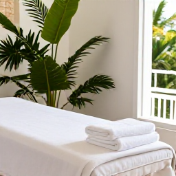 Caribbean Holidays, August Wellness, Spa treatment room in Saint Martin with natural light, tropical plants, towels and a calm Caribbean setting