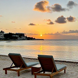 Caribbean Holidays, August Wellness, Sunset over a quiet Caribbean bay in Saint Martin, comfortable beach loungers, warm sky and peaceful evening atmosphere