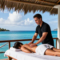 Caribbean Holidays, August Wellness, Wellness traveller receiving a gentle massage on a shaded Caribbean terrace overlooking the sea in Saint Vincent and the Grenadines