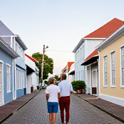 Caribbean Holidays, August Wine Tasting, A couple exploring a colourful historic street in Christiansted, St Croix, after an evening wine tasting