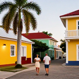 Caribbean Holidays, August Wine Tasting, A couple walking through a colourful Caribbean town before an evening wine tasting, with palm trees and bright colonial buildings