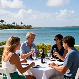 Caribbean Holidays, August Wine Tasting, A relaxed wine tasting table on a sunny Saint Barth&eacute;lemy terrace overlooking the Caribbean Sea in August