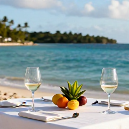 Caribbean Holidays, August Wine Tasting, A relaxed wine tasting table overlooking a turquoise Caribbean bay in the United States Virgin Islands, with white wine glasses, tropical fruit and gentle afternoon sunshine